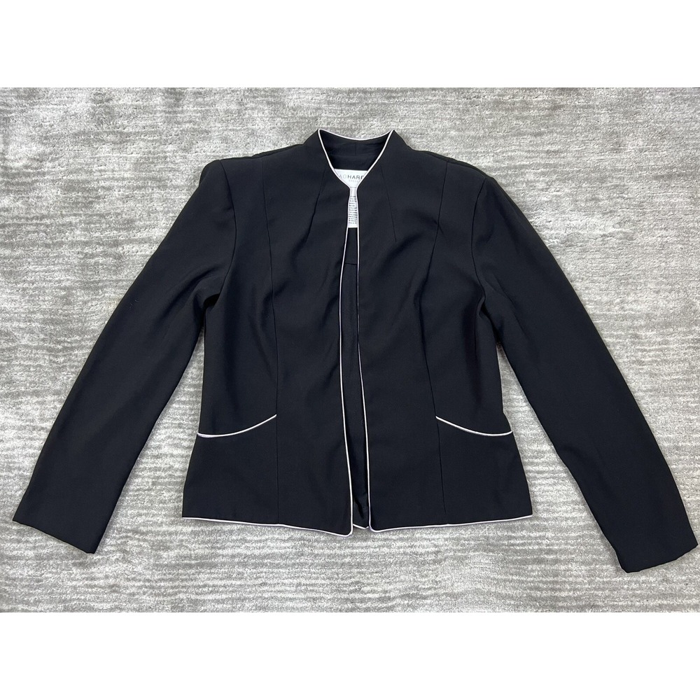 Sag Harbor Blazer Womens 8 Black Lavender Piping‎ Open Front Stand Collar Jacket